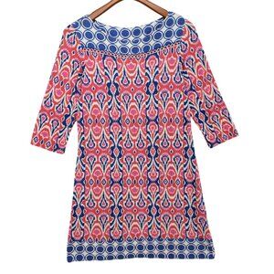 Joyous Free Ikat Mini Dress Pink Blue 3/4 Sleeve Stretch Pullover Size M